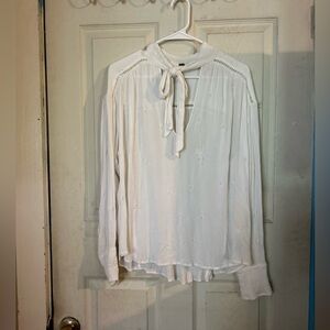 Free People Relaxed High-Low Cream Tie Front Bib Collar Blouse